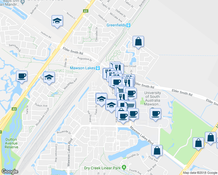 map of restaurants, bars, coffee shops, grocery stores, and more near 19 Euston Walk in Mawson Lakes