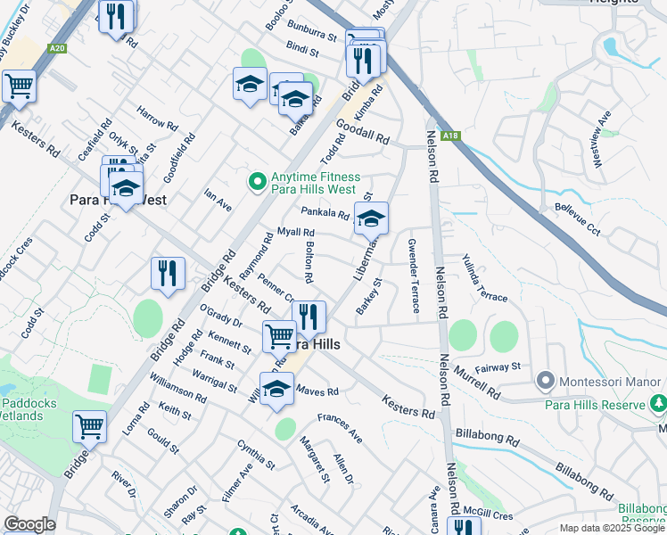 map of restaurants, bars, coffee shops, grocery stores, and more near 13 Barcoo Road in Para Hills