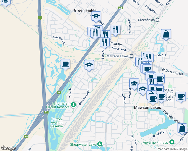 map of restaurants, bars, coffee shops, grocery stores, and more near 36C Elder Drive in Mawson Lakes