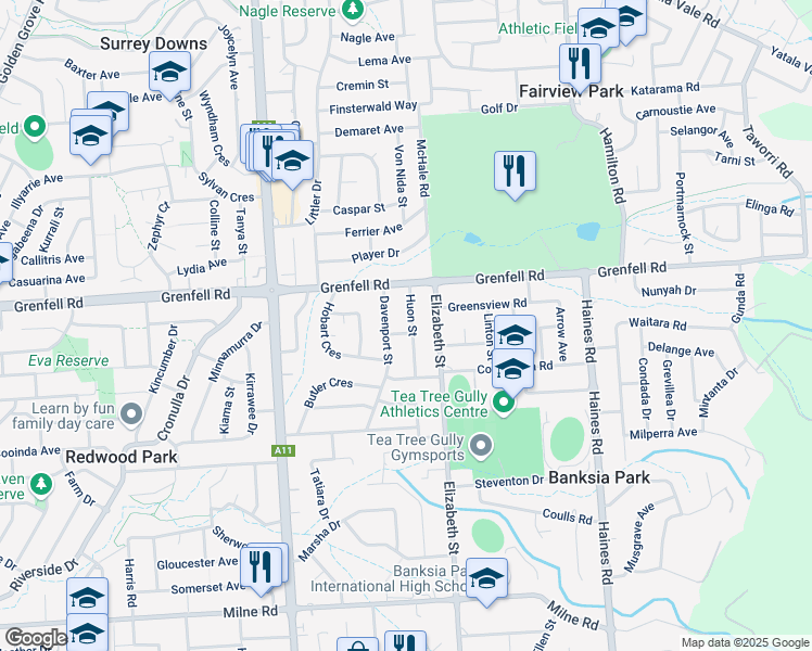 map of restaurants, bars, coffee shops, grocery stores, and more near in Banksia Park