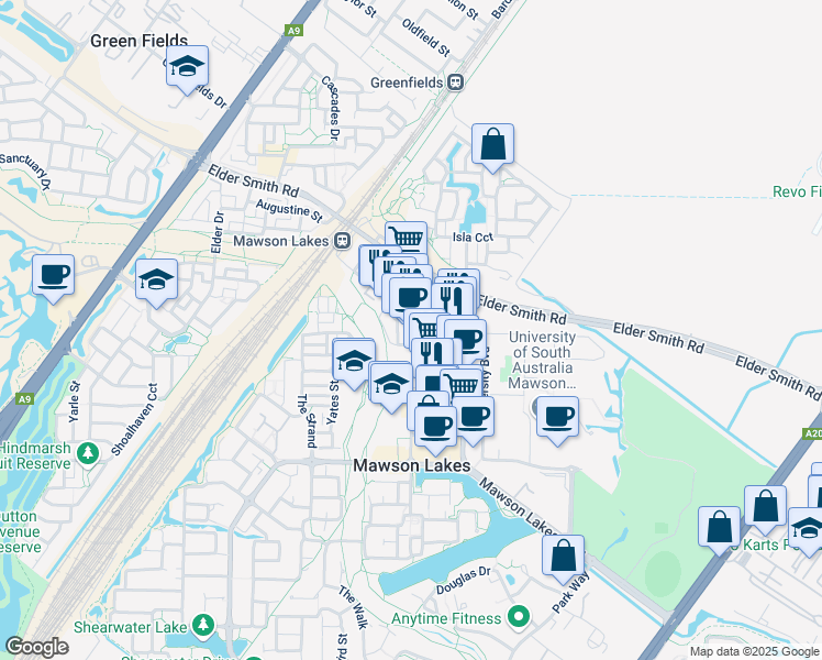 map of restaurants, bars, coffee shops, grocery stores, and more near 48 Garden Terrace in Mawson Lakes