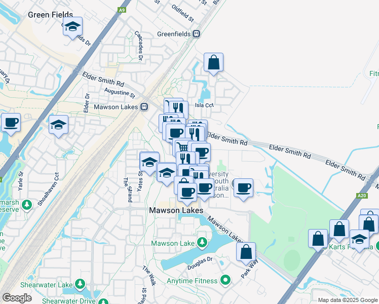 map of restaurants, bars, coffee shops, grocery stores, and more near 22-26 Goodall Parade in Mawson Lakes