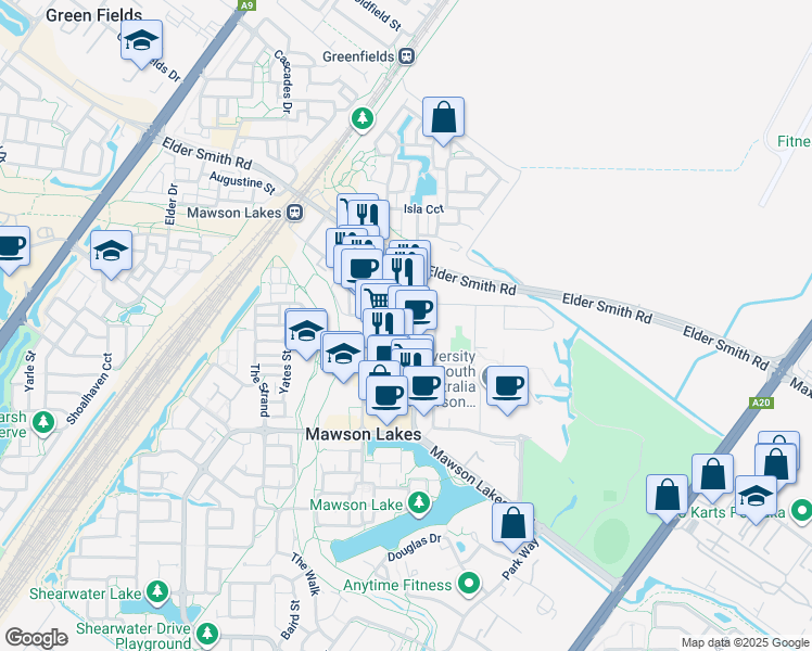 map of restaurants, bars, coffee shops, grocery stores, and more near 29 Main Street in Mawson Lakes