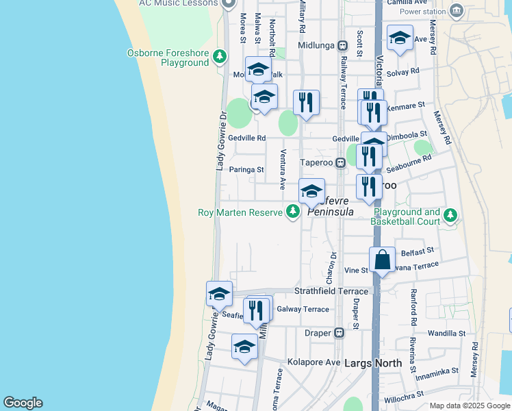 map of restaurants, bars, coffee shops, grocery stores, and more near 22 Wandana Terrace in Taperoo