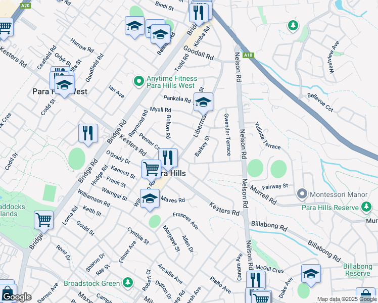 map of restaurants, bars, coffee shops, grocery stores, and more near 15 Liberman Road in Para Hills