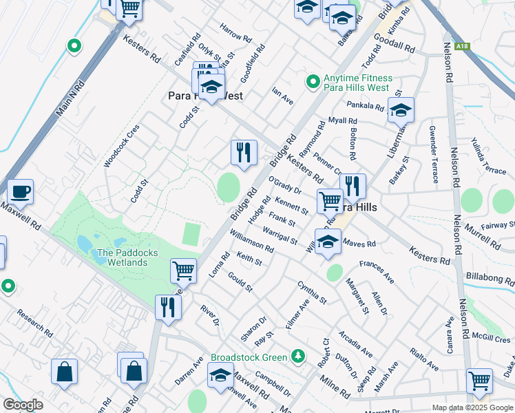 map of restaurants, bars, coffee shops, grocery stores, and more near 17 Hodge Road in Para Hills