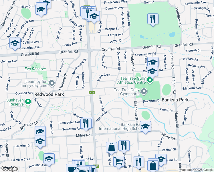 map of restaurants, bars, coffee shops, grocery stores, and more near 12 Launceston Avenue in Banksia Park