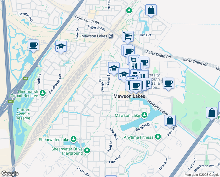 map of restaurants, bars, coffee shops, grocery stores, and more near 35 Warehouse Lane in Mawson Lakes