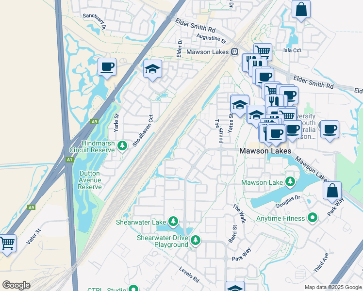 map of restaurants, bars, coffee shops, grocery stores, and more near 13 Hamilton Place in Mawson Lakes