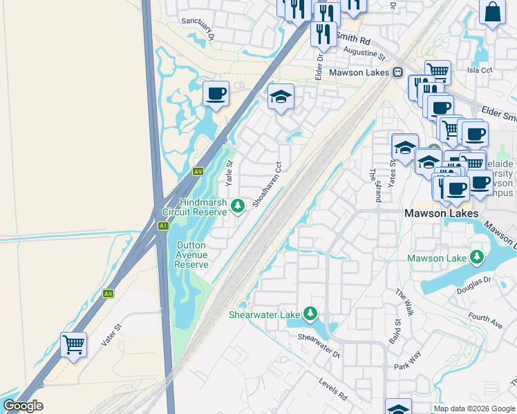map of restaurants, bars, coffee shops, grocery stores, and more near 95 Shoalhaven Circuit in Mawson Lakes