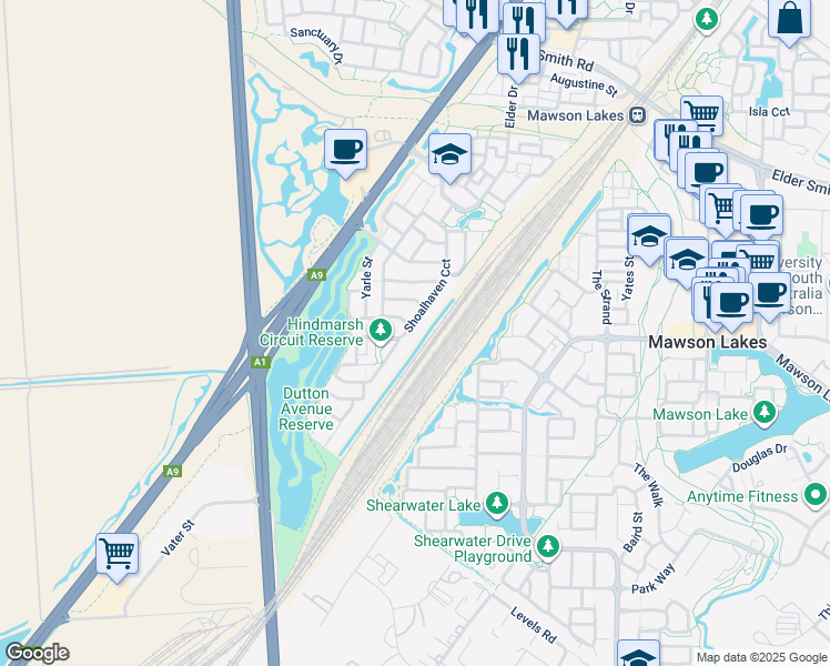 map of restaurants, bars, coffee shops, grocery stores, and more near 95 Shoalhaven Circuit in Mawson Lakes