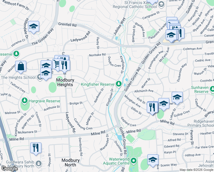 map of restaurants, bars, coffee shops, grocery stores, and more near 35 Nankeen Street in Modbury Heights
