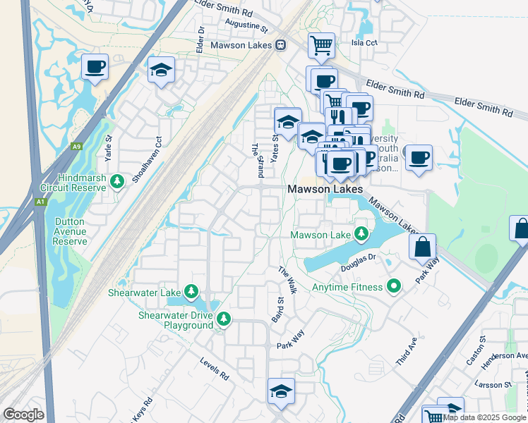 map of restaurants, bars, coffee shops, grocery stores, and more near 16 Parkview Drive in Mawson Lakes