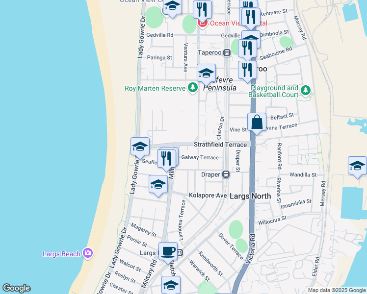 map of restaurants, bars, coffee shops, grocery stores, and more near 40 Strathfield Terrace in Largs North