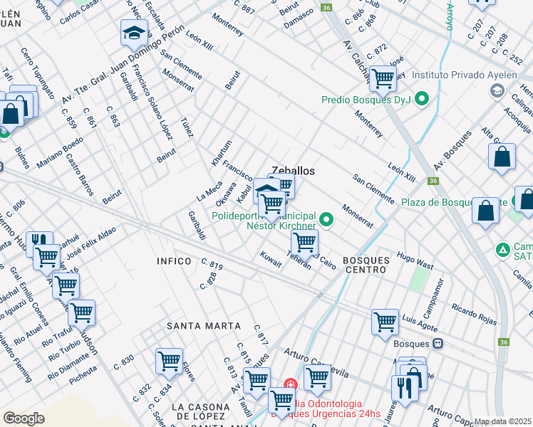 map of restaurants, bars, coffee shops, grocery stores, and more near 1335 Calle 874 in Zeballos