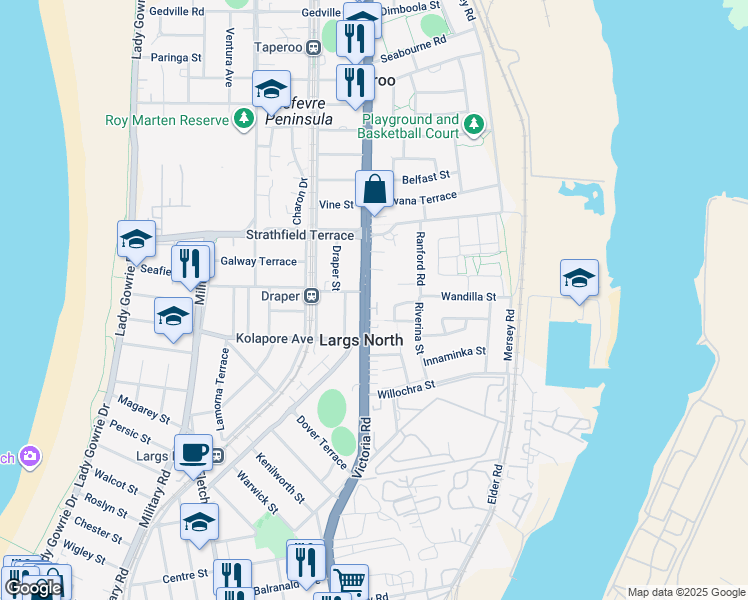 map of restaurants, bars, coffee shops, grocery stores, and more near 312 Victoria Road in Largs North
