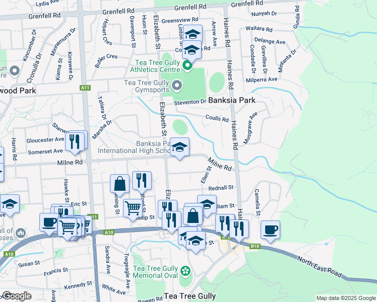 map of restaurants, bars, coffee shops, grocery stores, and more near 610 Milne Road in Banksia Park