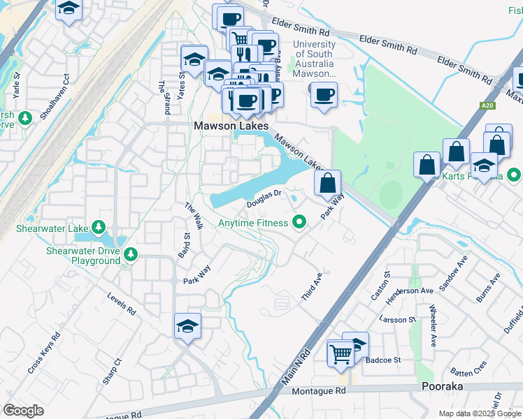 map of restaurants, bars, coffee shops, grocery stores, and more near 11B Morphett Place in Mawson Lakes