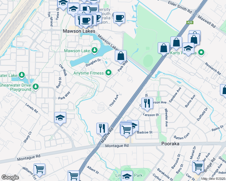 map of restaurants, bars, coffee shops, grocery stores, and more near 1 Third Avenue in Mawson Lakes