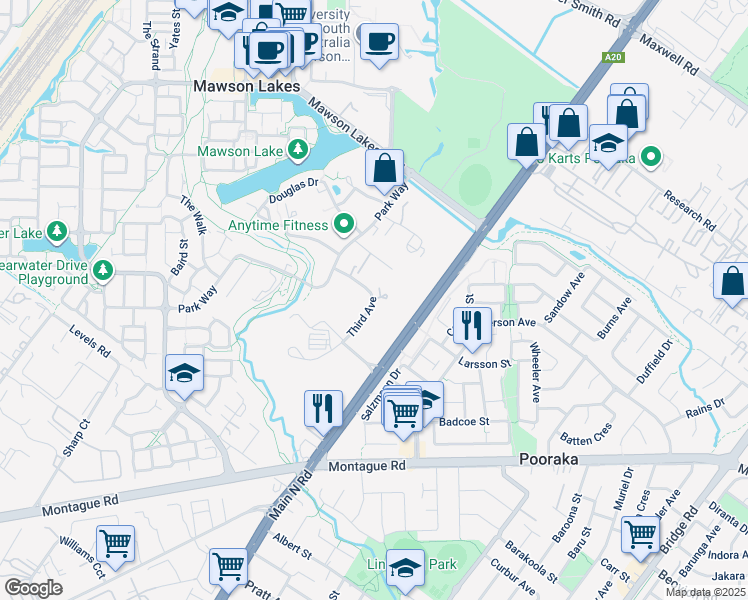 map of restaurants, bars, coffee shops, grocery stores, and more near 1 Third Avenue in Mawson Lakes