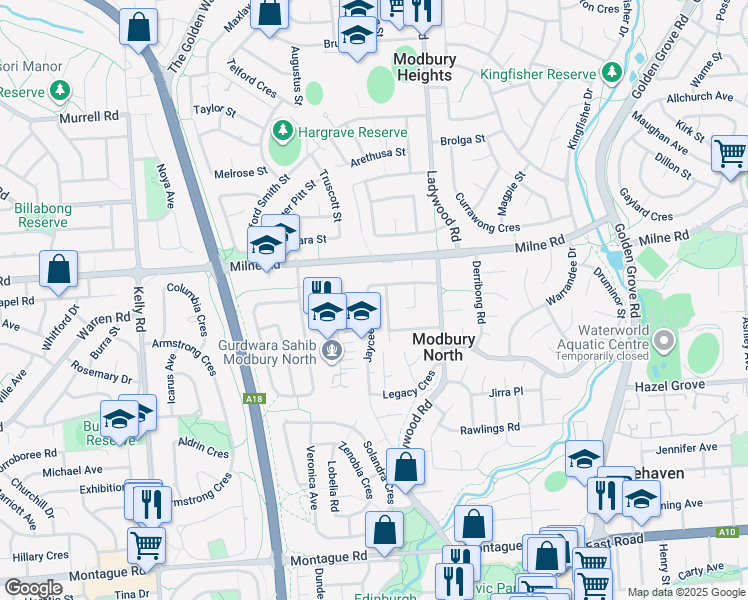 map of restaurants, bars, coffee shops, grocery stores, and more near 49 Jaycee Street in Modbury North