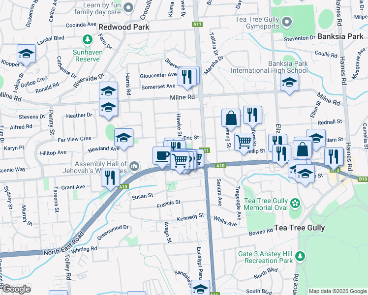 map of restaurants, bars, coffee shops, grocery stores, and more near 9 Chinner Street in Ridgehaven