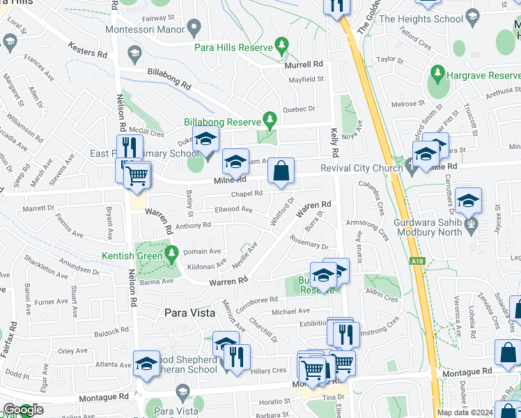 map of restaurants, bars, coffee shops, grocery stores, and more near 34 Ellwood Avenue in Modbury North