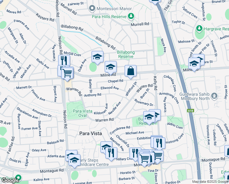 map of restaurants, bars, coffee shops, grocery stores, and more near 38 Anthony Road in Modbury North