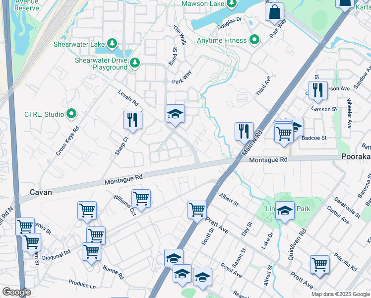 map of restaurants, bars, coffee shops, grocery stores, and more near 9 Poplar Court in Mawson Lakes