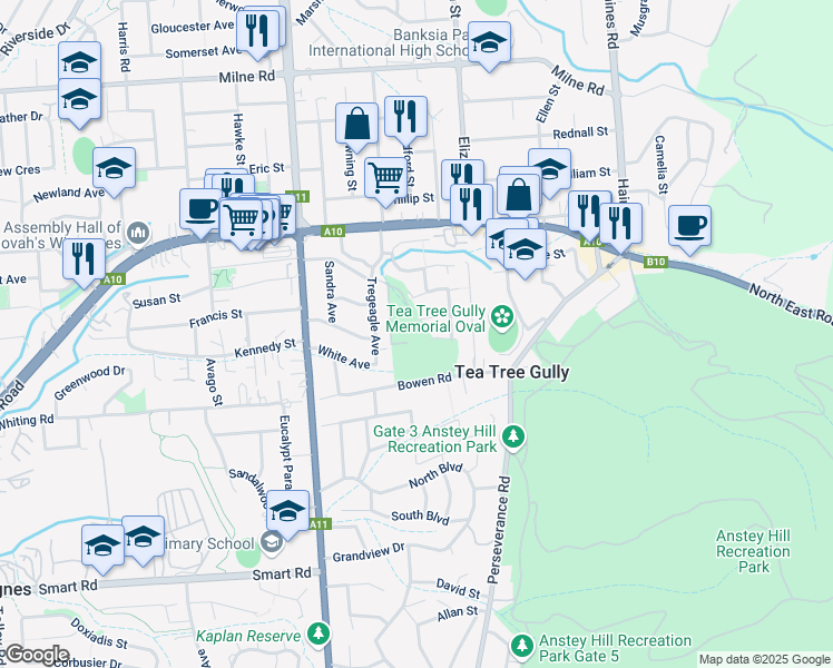 map of restaurants, bars, coffee shops, grocery stores, and more near in Tea Tree Gully