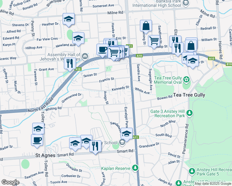 map of restaurants, bars, coffee shops, grocery stores, and more near 18 Kennedy Street in Saint Agnes