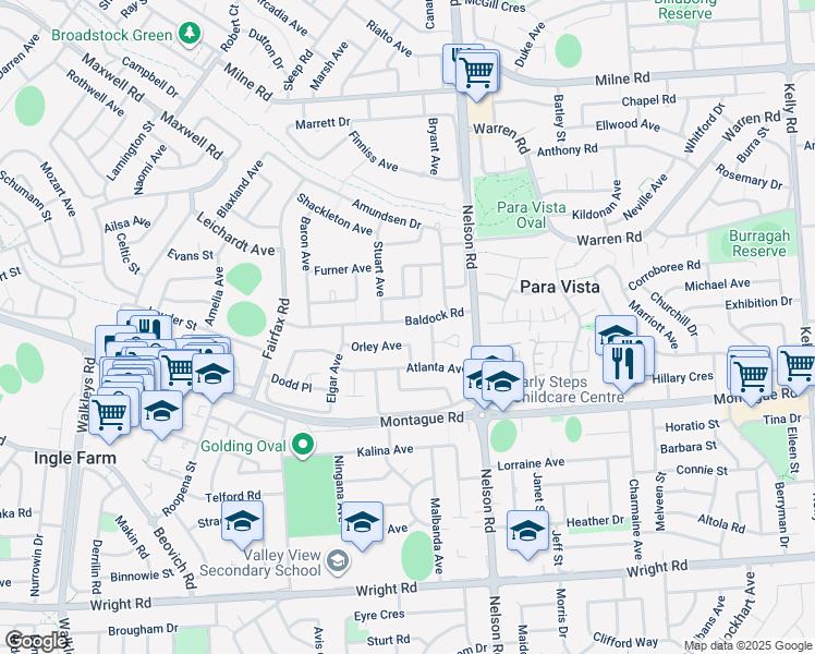 map of restaurants, bars, coffee shops, grocery stores, and more near 43B Baldock Road in Ingle Farm