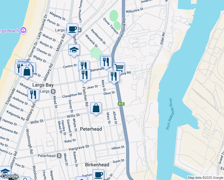 map of restaurants, bars, coffee shops, grocery stores, and more near 16 Weir Street in Largs Bay