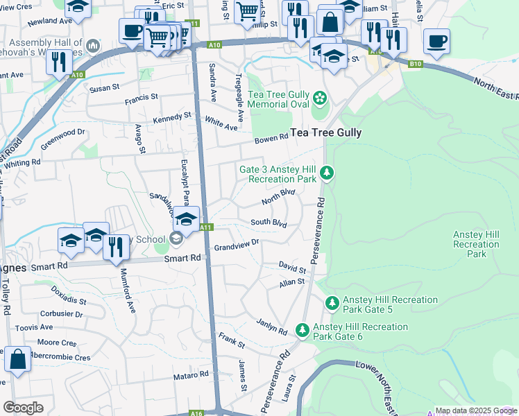map of restaurants, bars, coffee shops, grocery stores, and more near 9 North Boulevard in Tea Tree Gully