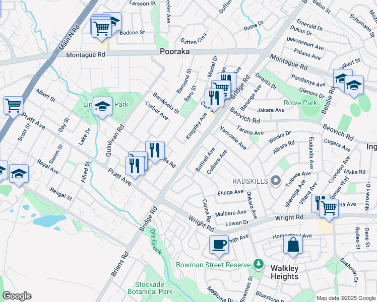 map of restaurants, bars, coffee shops, grocery stores, and more near 84 Bridge Road in Pooraka