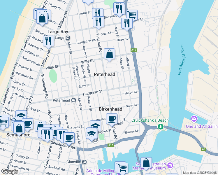 map of restaurants, bars, coffee shops, grocery stores, and more near 84 Fletcher Road in Peterhead