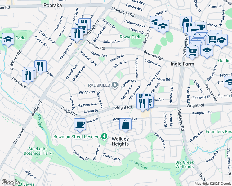 map of restaurants, bars, coffee shops, grocery stores, and more near 12 Telowie Avenue in Ingle Farm