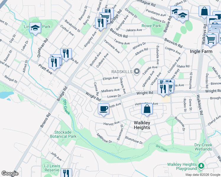 map of restaurants, bars, coffee shops, grocery stores, and more near 18 Malbaru Avenue in Ingle Farm