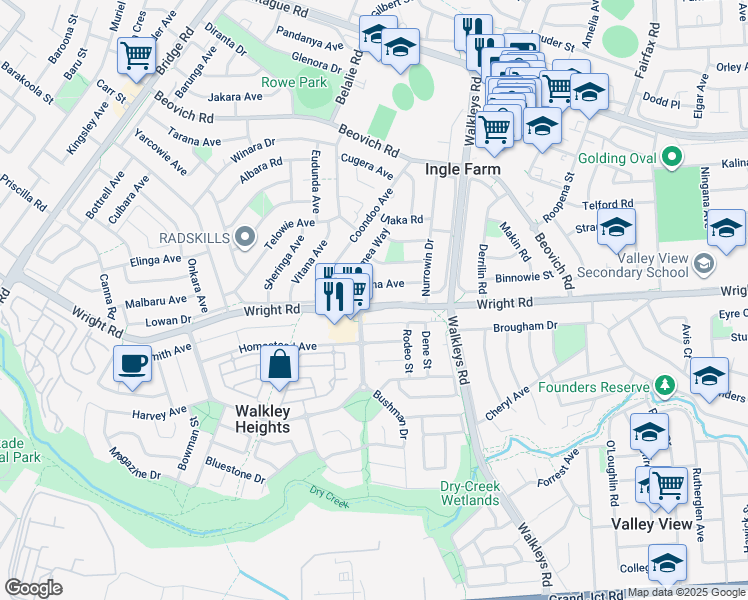 map of restaurants, bars, coffee shops, grocery stores, and more near 62 Wright Road in Ingle Farm