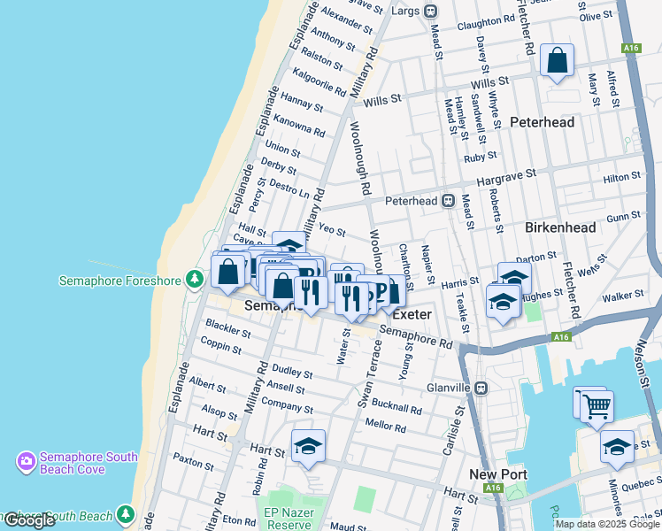 map of restaurants, bars, coffee shops, grocery stores, and more near 78 Hall Street in Semaphore