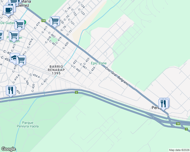 map of restaurants, bars, coffee shops, grocery stores, and more near 2465 Calle 461 in Juan María Gutiérrez