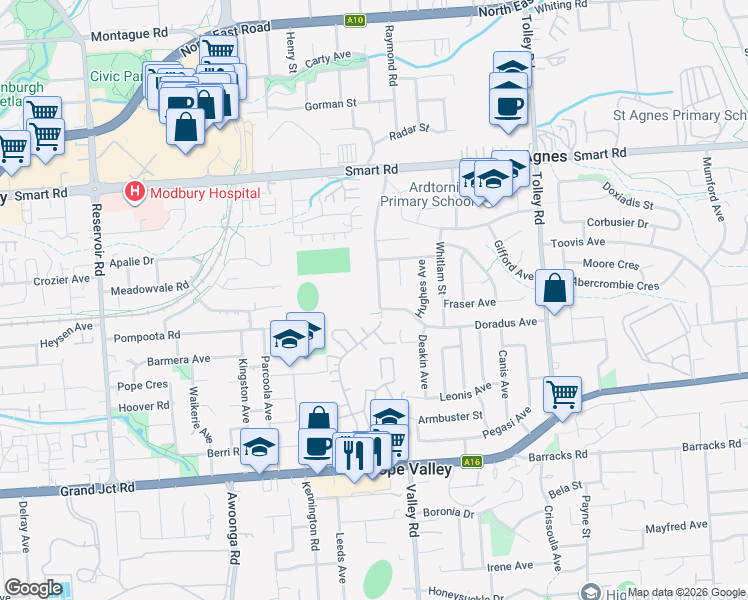 map of restaurants, bars, coffee shops, grocery stores, and more near 45 Australia Avenue in Modbury