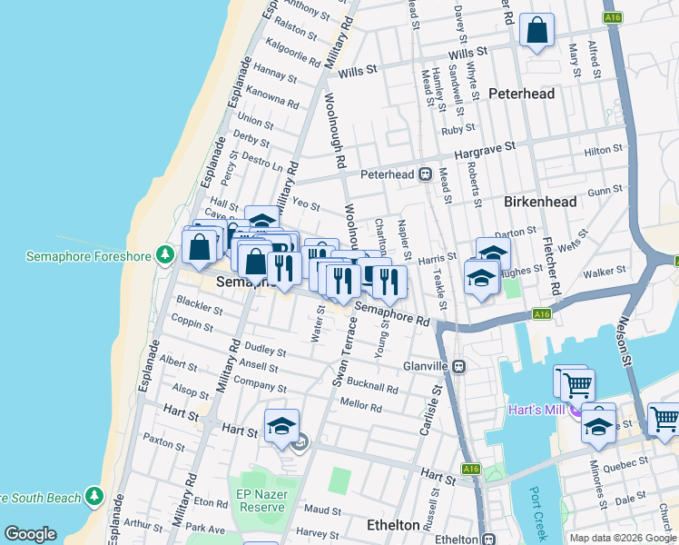 map of restaurants, bars, coffee shops, grocery stores, and more near 20 Penny Street in Semaphore