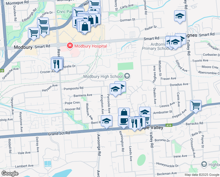 map of restaurants, bars, coffee shops, grocery stores, and more near 41A Parcoola Avenue in Hope Valley