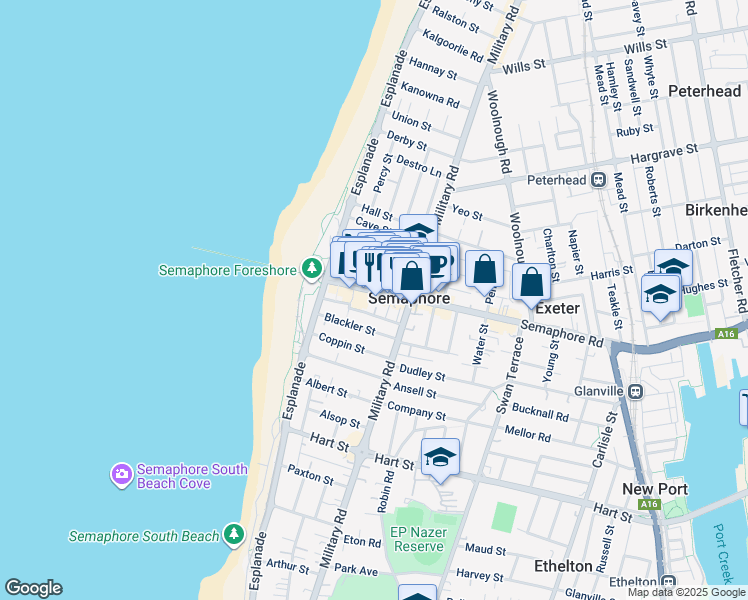map of restaurants, bars, coffee shops, grocery stores, and more near 30 Semaphore Road in Semaphore