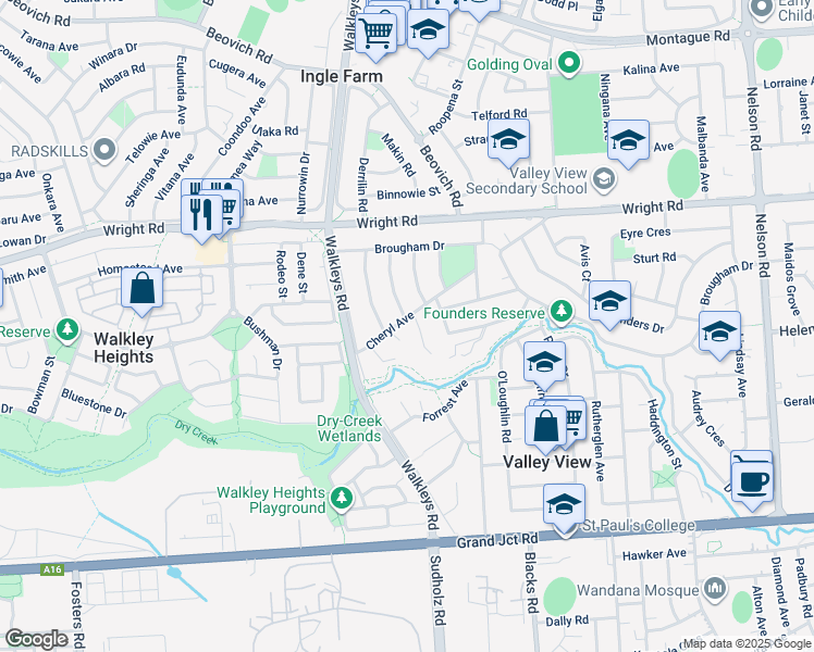 map of restaurants, bars, coffee shops, grocery stores, and more near 15 Cheryl Avenue in Valley View