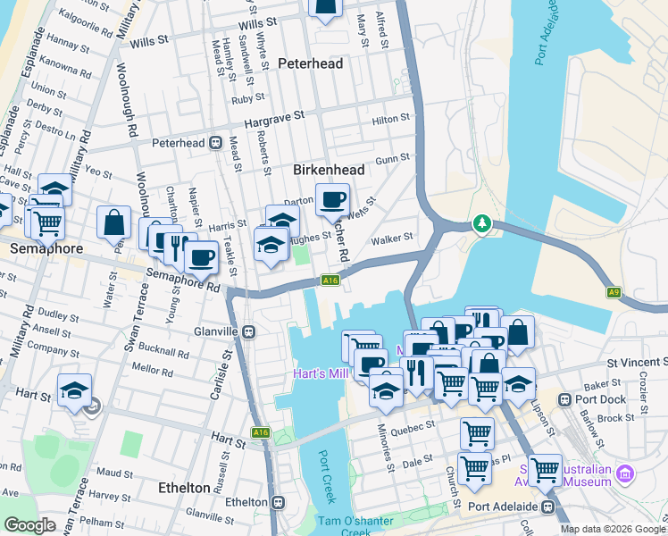 map of restaurants, bars, coffee shops, grocery stores, and more near 19 Moore Street in Birkenhead
