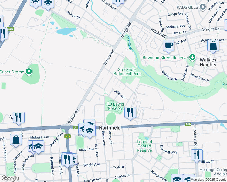 map of restaurants, bars, coffee shops, grocery stores, and more near 11 Jolly Avenue in Northfield