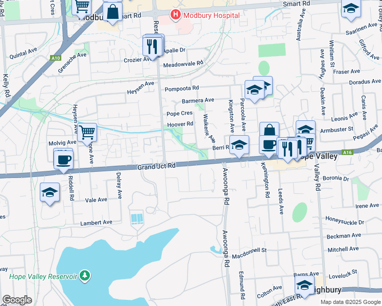 map of restaurants, bars, coffee shops, grocery stores, and more near 17 Berri Road in Hope Valley