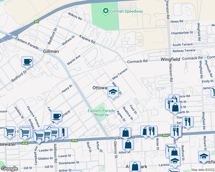 map of restaurants, bars, coffee shops, grocery stores, and more near 120 May Terrace in Ottoway